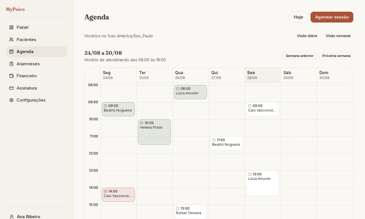Tela da agenda semanal do sistema, com as sessões da semana posicionadas pelo horário e marcadas como realizada, falta ou agendada.